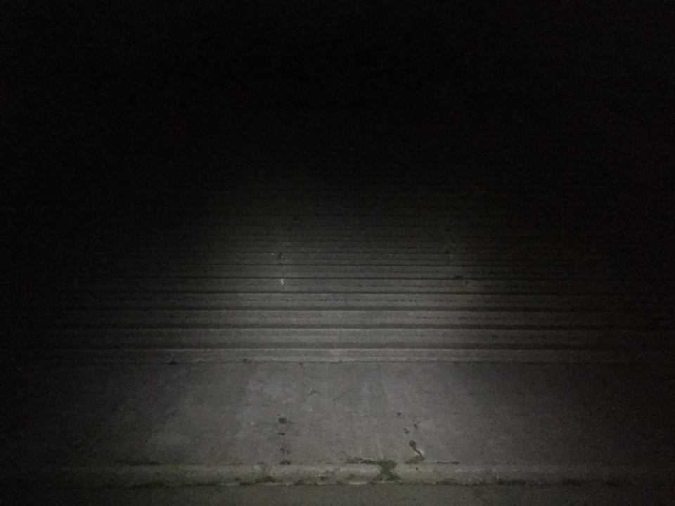 Dark of night in front of the outdoor steps of Alta Plaza Park, only partially visible by headlamp.